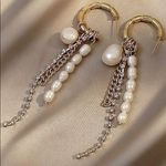 Pearl Dangle Earrings Gold Hoop Chain Rhinestone Drop Earrings Women Photo 3