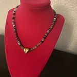 Vintage Mixed Gemstone Bronze Heart Pendant Beaded Necklace | Choker Gold Photo 1