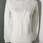 Loft  Ivory Knit Sweater Diamond crochet Stitch Crewneck Size Medium Photo 0