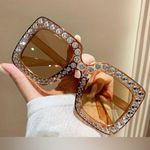 🆕 Women Oversized Rhinestone Sunglasses Square Bling Glasses Tan/Brown🆕 Tan Photo 1