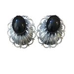 VTG Large Silver Scrolled Pierced Earring Faux Black Onyx Art Deco 70’s Costume Photo 3
