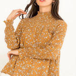 THML Mustard Smocked Floral Blouse Ruffle Sleeve Boho Chic Top Size Medium Photo 0