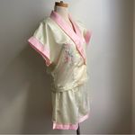 Vintage Satin Embroidered Floral Pajama Set Shorts Top Medium Large Pink Cream Photo 4