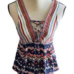 Jealous Tomato So cute lace up front boho top, deep v back, navy blue with reds white and tan colors, elastic waist, excellent condition, size small Photo 0