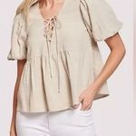 Lost + Wander  Coastal Dreams Puff-Sleeve Lace Up Blouse XS/S Babydoll Peplum Photo 0