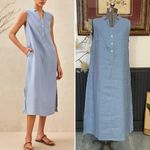 NWT Lintico 100% Linen Taylor Sleeveless Straight High Slit Maxi Dress Sz Med 🧡🎀 Blue Photo 1