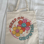 Reusable Canvas Tote Bag Keep On Growing Flower Smiley Face Shopper Y2K Retro Tan Photo 0