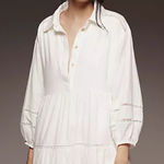 Anthropologie  Maeve White Linen Blend Tiered Mini Dress Boho Resort Coastal XL Photo 0