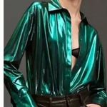 L Green Blouse Anthropologie The Gillian Liquid Shine Buttondown Photo 1