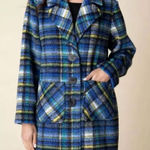 Habitat Tartan Plaid Blue Car Coat Button Front Fuzzy Knit Longline Jacket L Photo 0
