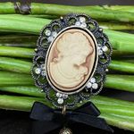 Vintage Unsigned Cameo with Black Bow & Faux Pearl Dangle Brooch Photo 1