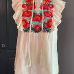 THML  Embroidered Floral Boho Ruffle Striped Pink & Cream Top w Fringe Ties Photo 0