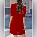 NEW Red V Neck Puff Short Sleeve Flowy Mini Dress with Pockets L Size L Photo 1