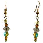 Crystal & glass bead earrings, amber & blue dangles, gold tone ear wire Photo 1