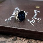 Vintage Glass Blue Butterfly Cabochon Stainless Steel Filigree Adjustable Ring Photo 4