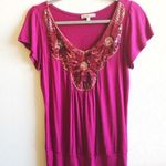 Moa Moa  Top Pink Sequin Floral Bib Cap Slv Tee L Photo 0