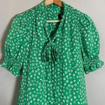 DKNY Puff Sleeve Front Print Tie Neck Mini Swing Dress Women's 4 Green Chiffon Photo 7