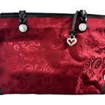 Brighton Purse Red Canvas Black Leather Trim Floral Satchel Shoulder Bag Western Photo 0