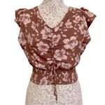 Monteau Brown Floral Ruched Crop Top With Pink Flowers Photo 2