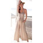 American Eagle  Boho Striped Gauze Wide Leg Smocked Jumpsuit Beige Large Photo 1