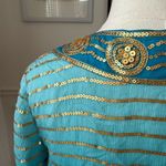 Trina Turk  Turquoise Blue 100% Silk Gold Sequin Bolero Jacket 0 XS S Photo 5