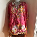 Johnny Was  Silk Kaftan Poncho Kimono Blouse One Size Pink Floral Butterfly Boho Photo 4