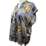 Elie Tahari  Womens Floral Satin Top Party Blouse Size S Gray Blue Short Sleeve Photo 2