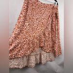 SO , Wrap Midi Skirt, Brown Pink Animal Print, Rayon, Boho Flowy Cottagecore Photo 1