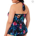 Trimshaper black tropical print floral slimming control halter swim top 24W NEW Photo 2