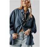 Free People Oversized Bohemian Menswear Happy Hour Solid Poplin Top Shirt Small Photo 1
