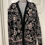 Isaac Mizrahi  Live Black & Pink Floral Open-Front Sweater w/Fringe Photo 0
