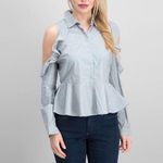 Romeo + Juliet Couture Blue & White Stripped Ruffle Button Up BLOUSE Size M Photo 0