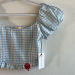 Love Shack Fancy Top Breonna Puff Sleeve Gingham Crop Top in Blue Patriot Sz 0 NWT Photo 4