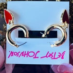 Betsey Johnson Gold Tone Heart Huggie Hoop Earrings Red Heart Drop NWT Photo 0