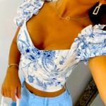 BANJUL  Blue Porcelain Floral Print Puff Sleeve Corset Crop Top size M . Photo 1