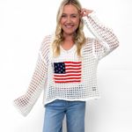 POL  American Flag Open Knit Crochet Sweater Top Hoodie Red White and Blue Large Photo 0