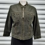 Ruby Rd Petite Womens Beaded Denim Jacket 10P Green Zip Embellished Boho Western Photo 0