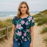 J.Jill  100% Linen Floral Print Tie Hem Top Coastal Lagenlook Feminine S Photo 1