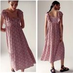 ZARA  Red Blue Floral Ruffle Shoulder Crepe Midi Tunic Prairie Dress Medium Photo 2