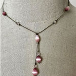 Silver tone pink cats eye crystal Y necklace Photo 0