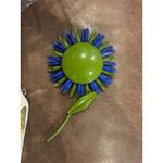 Vintage Blue & Green Flower Brooch Pin Handmade Glass Beads & Metal Backing Photo 6