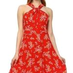 19 Cooper  Red Floral Print Knot Front Halter Neck Dress Size L NEW Photo 0