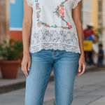 Umgee  Women's Loose Fitting Short Floral White Top Photo 0