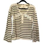 Free People  Striped Cotton Crochet Lace Trim Long Sleeve Top Womens Small Boho Photo 0