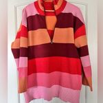 NWOT Women’s Striped Half Quarter Zip Long Sleeve Drop Shoulder Sweater Size XL Pink Photo 0