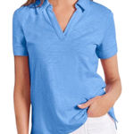 Talbots XL Roll Cuff Johnny Collar Short Sleeve Collared Polo Womens Blue V Neck Photo 0