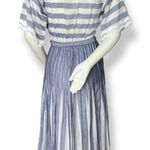 Vintage Albert Nipon Pleated Dress Striped Short Sleeves Tie Belt 1980s Nautical Blue Size undefined Photo 1