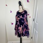 Free People  Rare Piece Navy & Pink Velvet Floral Bell Sleeve Sheer Dress Size XS Photo 5