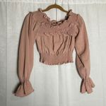 Tularosa Blush Pink Smocked Ruffle Collar Peplum Puff Long Sleeve Cropped Blouse Photo 1