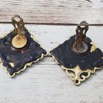 Vintage Clip On Earrings Unusual Gold Tone Cut Out Design Diamond Shape Large Photo 4